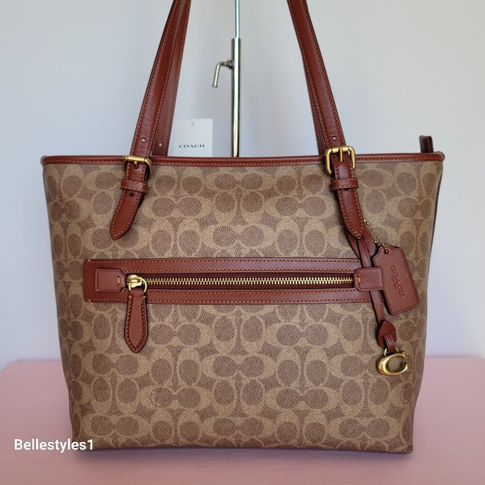 COACH Taylor Signature Logo Canvas Tote with C Dangle Charm-Tan Rust color ⭐